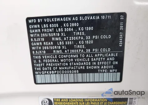 2012 Volkswagen Touareg Tdi Executive/Tdi Lux/Tdi Sport from USA, damaged, VIN WVGFK9BP2CD005065